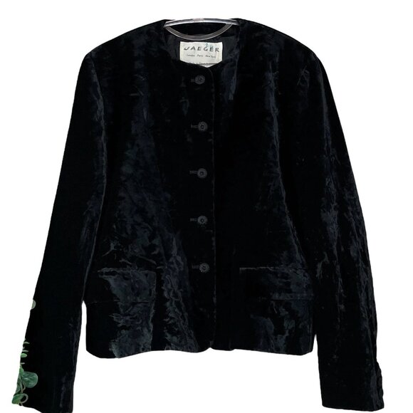 Vtg Jaeger Crushed Velvet Velour Buttoned Evening Blazer Jacket Black Size 16 - Picture 1 of 10